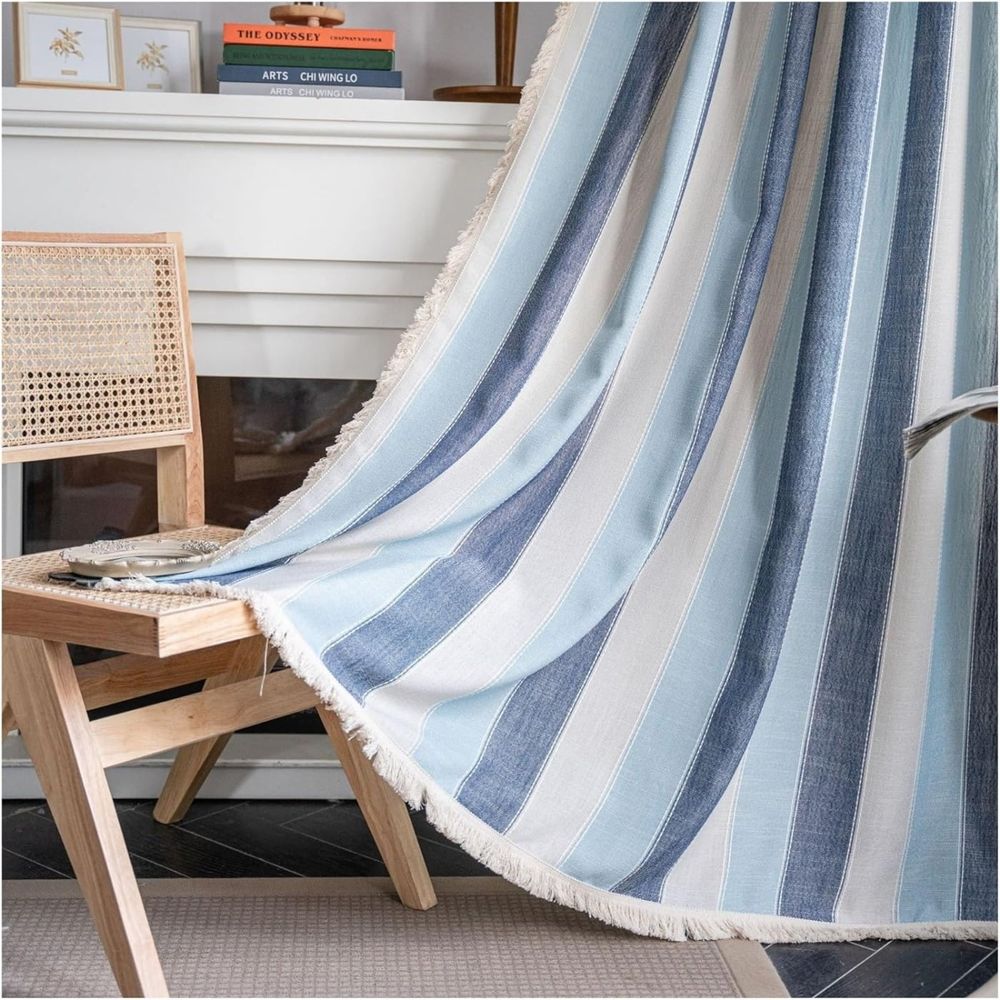 Farmhouse Blackout Curtains，Contrasting Stripes Cotton Linen Curtains, with White Tassel Rod Pocket Curtains, Living Room Bedroom Dining Room