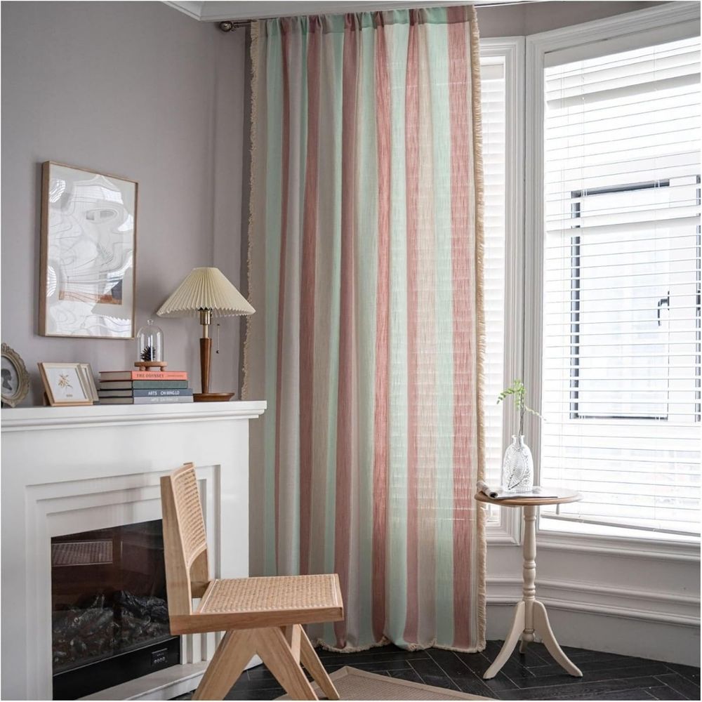 Farmhouse Blackout Curtains，Contrasting Stripes Cotton Linen Curtains, with White Tassel Rod Pocket Curtains, Living Room Bedroom Dining Room