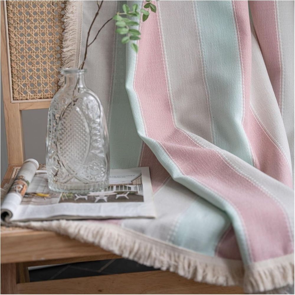 Farmhouse Blackout Curtains，Contrasting Stripes Cotton Linen Curtains, with White Tassel Rod Pocket Curtains, Living Room Bedroom Dining Room