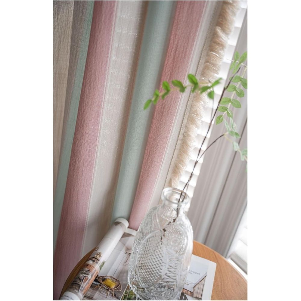 Farmhouse Blackout Curtains，Contrasting Stripes Cotton Linen Curtains, with White Tassel Rod Pocket Curtains, Living Room Bedroom Dining Room