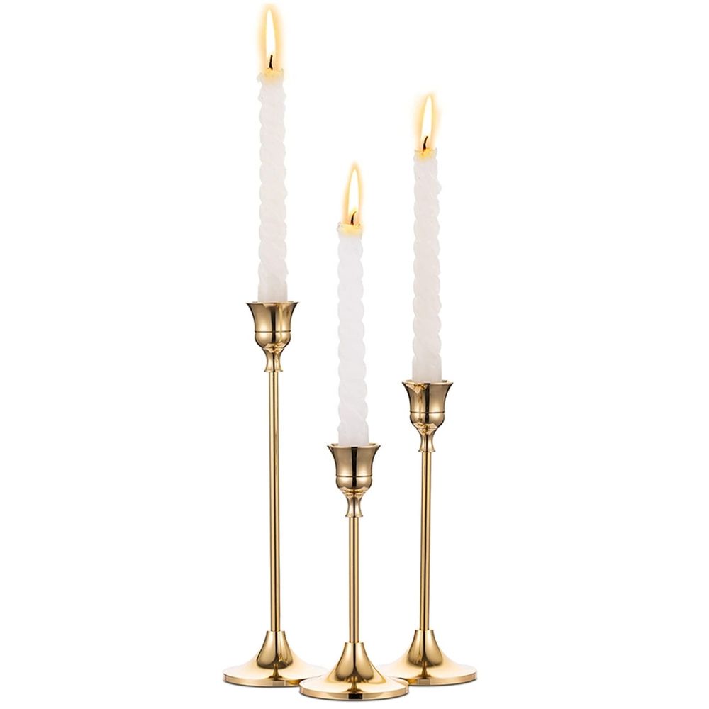 Brass Gold Taper Candle Holders, Set of 3, Vintage Modern Decorative Centerpiece for Table Mantel Wedding