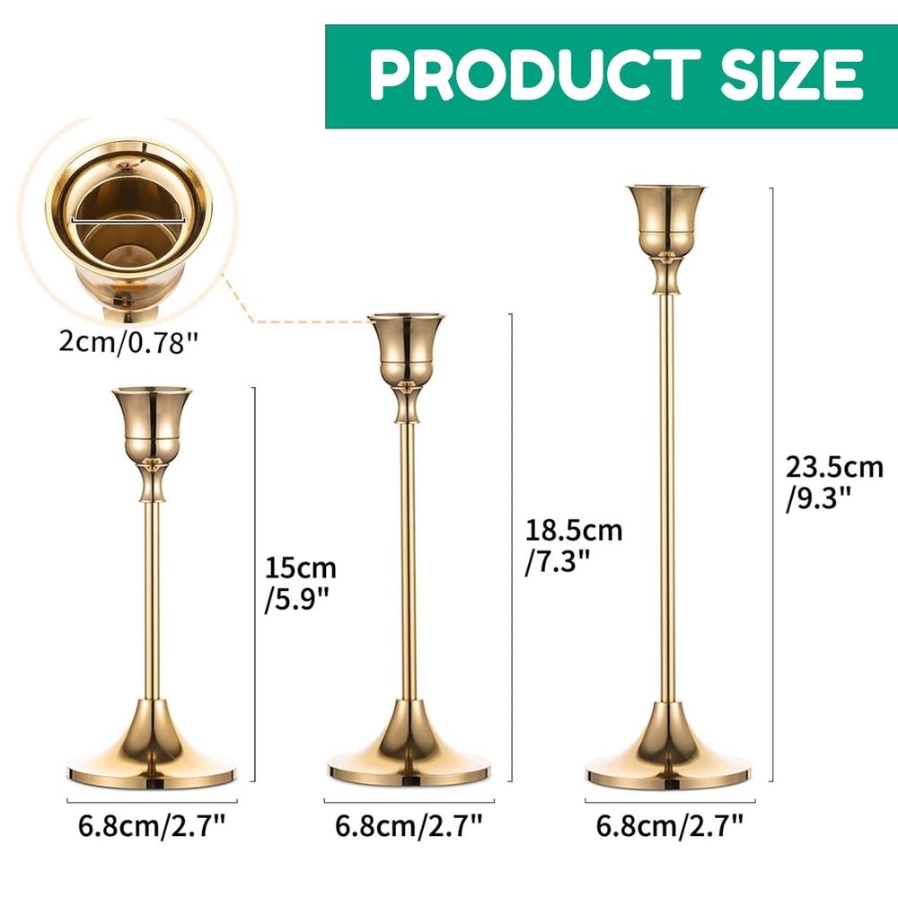 Brass Gold Taper Candle Holders, Set of 3, Vintage Modern Decorative Centerpiece for Table Mantel Wedding