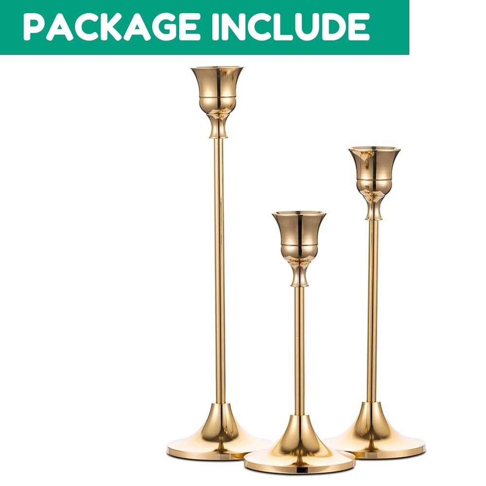 Brass Gold Taper Candle Holders, Set of 3, Vintage Modern Decorative Centerpiece for Table Mantel Wedding