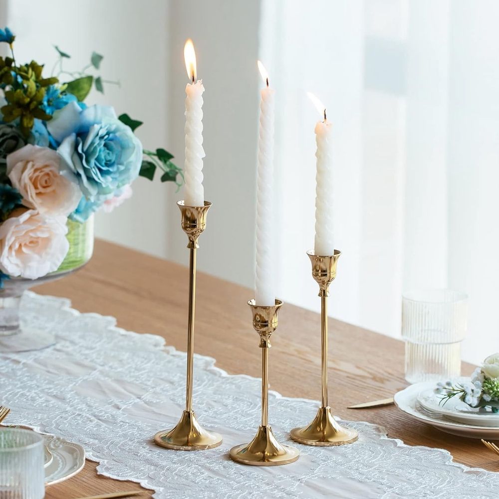 Brass Gold Taper Candle Holders, Set of 3, Vintage Modern Decorative Centerpiece for Table Mantel Wedding