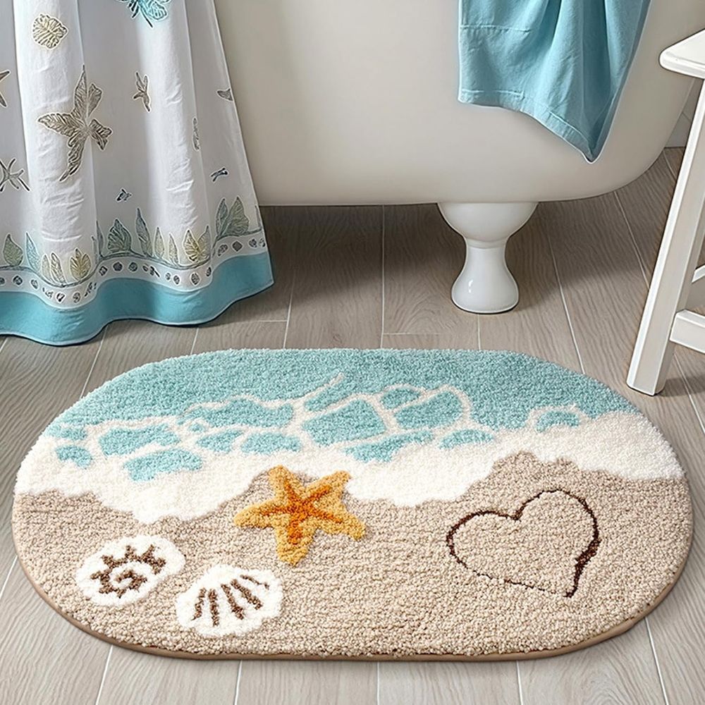 Beach Bathroom Rugs Coastal Seashell Bath Mat Funny Extra Soft Tufted Quick Dry Bath Mats for Bathroom Ocean Wave Starfish Decor Carpet Shower Non Slip Bath Rug