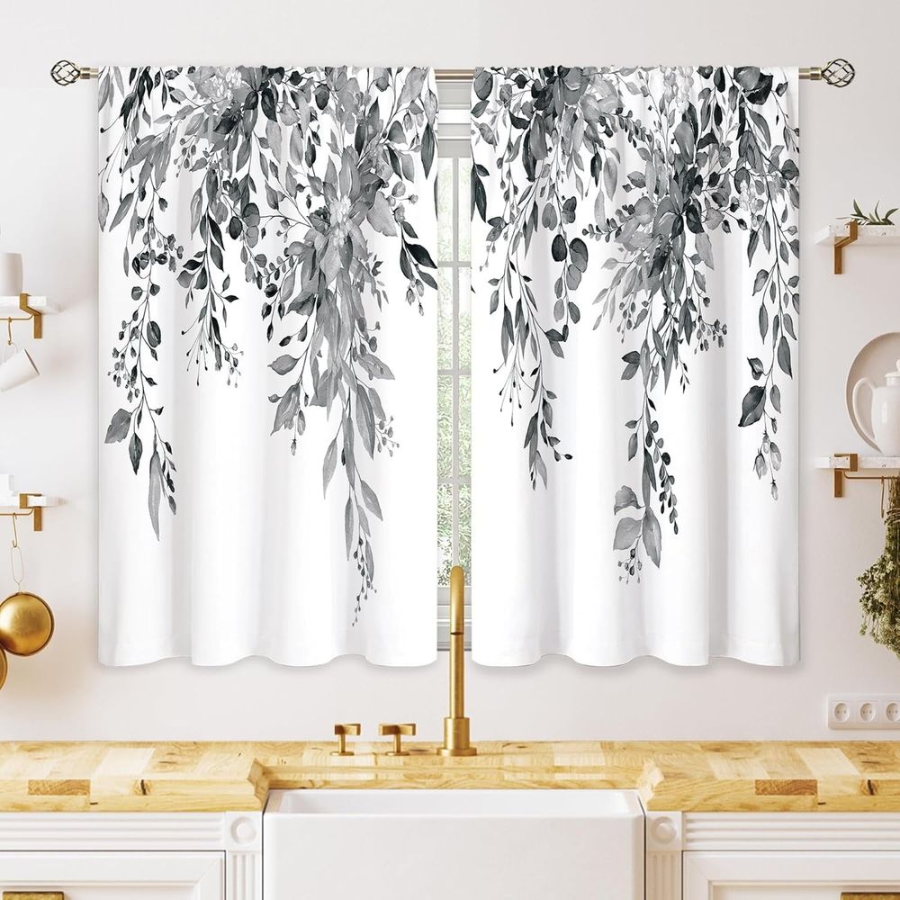 Blue Grey Eucalyptus Botanical Leaves Floral Kitchen Window Curtains Over Sink Farmhouse Flower Leaf Small Window Treatment Cafe Short Curtains for Bathroom Treatment Tier Drapes 27.5x39 inch