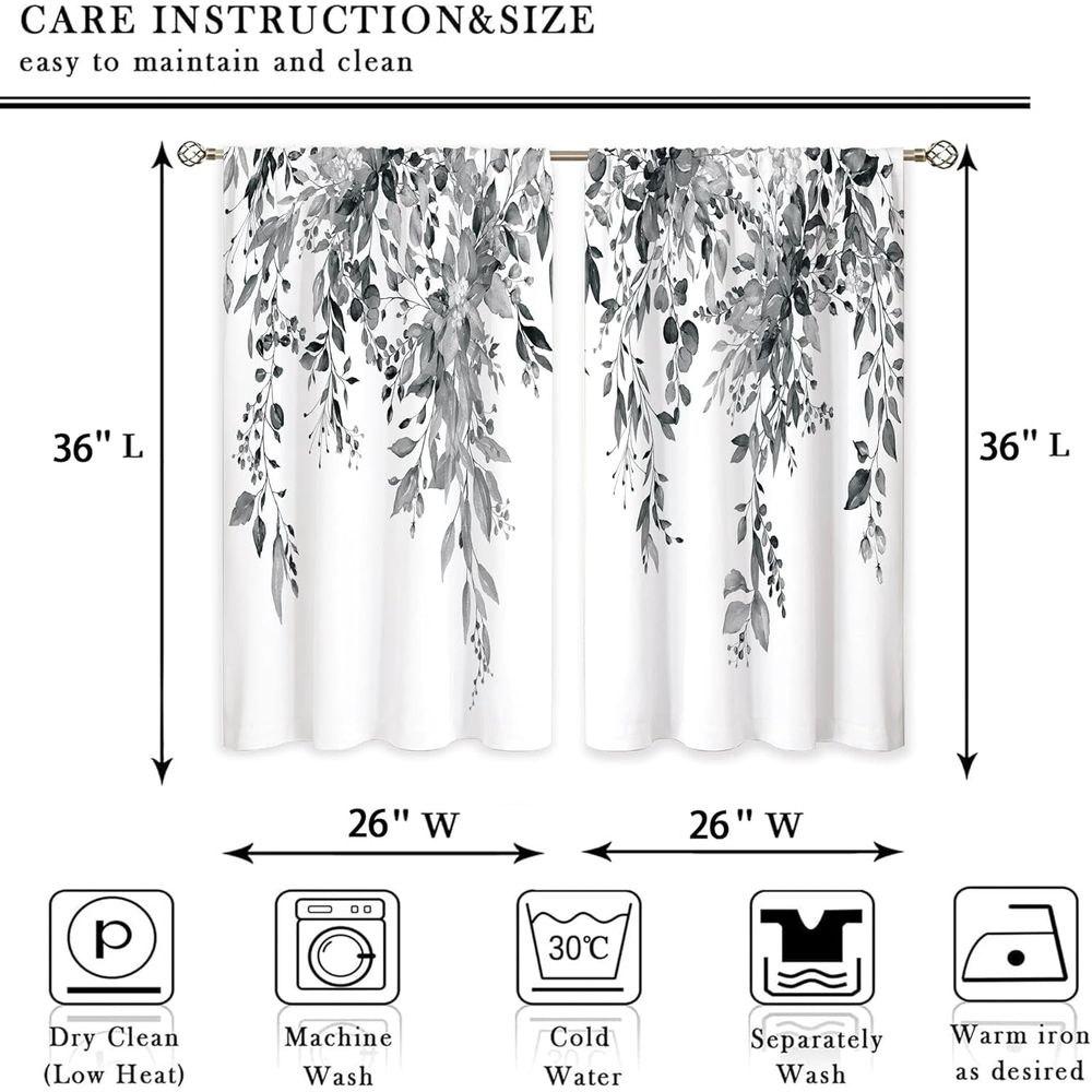 Blue Grey Eucalyptus Botanical Leaves Floral Kitchen Window Curtains Over Sink Farmhouse Flower Leaf Small Window Treatment Cafe Short Curtains for Bathroom Treatment Tier Drapes 27.5x39 inch