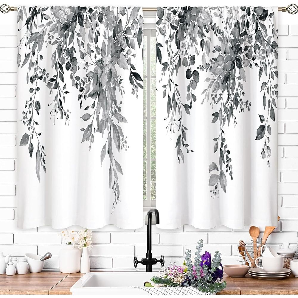 Blue Grey Eucalyptus Botanical Leaves Floral Kitchen Window Curtains Over Sink Farmhouse Flower Leaf Small Window Treatment Cafe Short Curtains for Bathroom Treatment Tier Drapes 27.5x39 inch