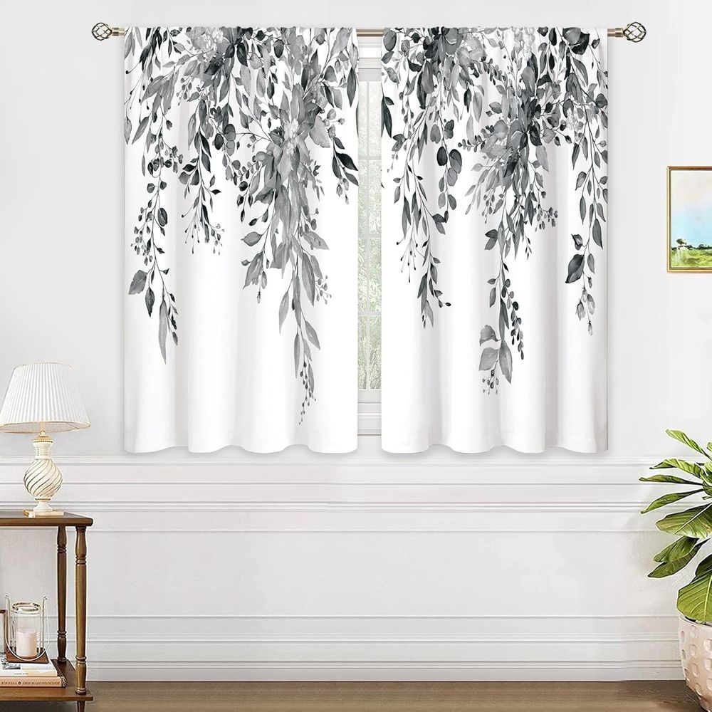Blue Grey Eucalyptus Botanical Leaves Floral Kitchen Window Curtains Over Sink Farmhouse Flower Leaf Small Window Treatment Cafe Short Curtains for Bathroom Treatment Tier Drapes 27.5x39 inch
