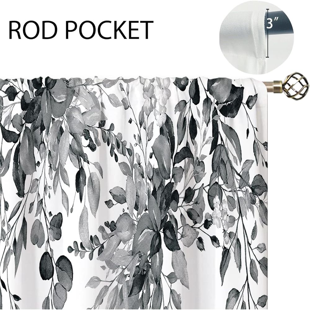 Blue Grey Eucalyptus Botanical Leaves Floral Kitchen Window Curtains Over Sink Farmhouse Flower Leaf Small Window Treatment Cafe Short Curtains for Bathroom Treatment Tier Drapes 27.5x39 inch