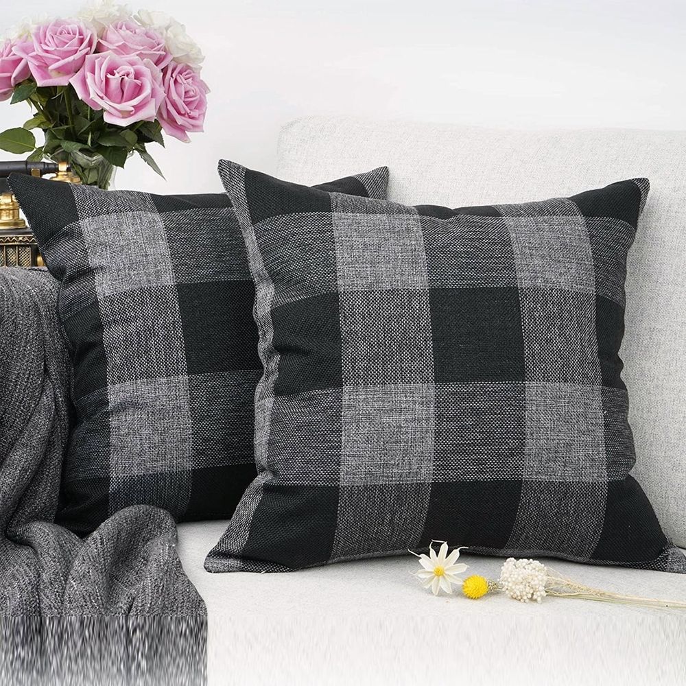 Set of 2 Farmhouse Buffalo Check Plaid Throw Pillow Covers Cushion Case Cotton Linen for Fall Home Decor, 18 x 18 Inches