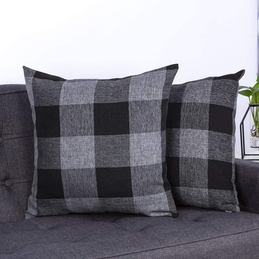 Set of 2 Farmhouse Buffalo Check Plaid Throw Pillow Covers Cushion Case Cotton Linen for Fall Home Decor, 18 x 18 Inches