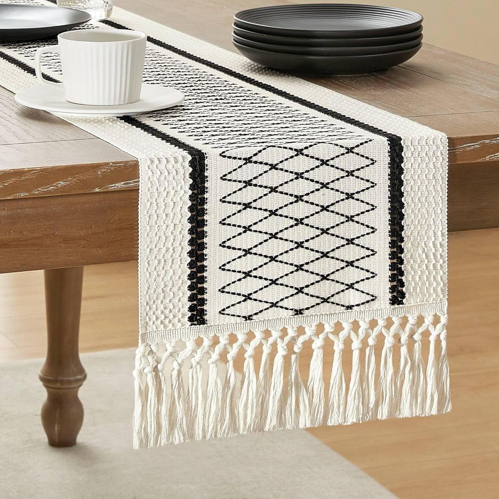 Farmhouse Woven Table Runner with Tassels Rustic Cotton Linen Table Runner 72 inches Long for Spring Table Decor Dining Table Home Decor Daily Use