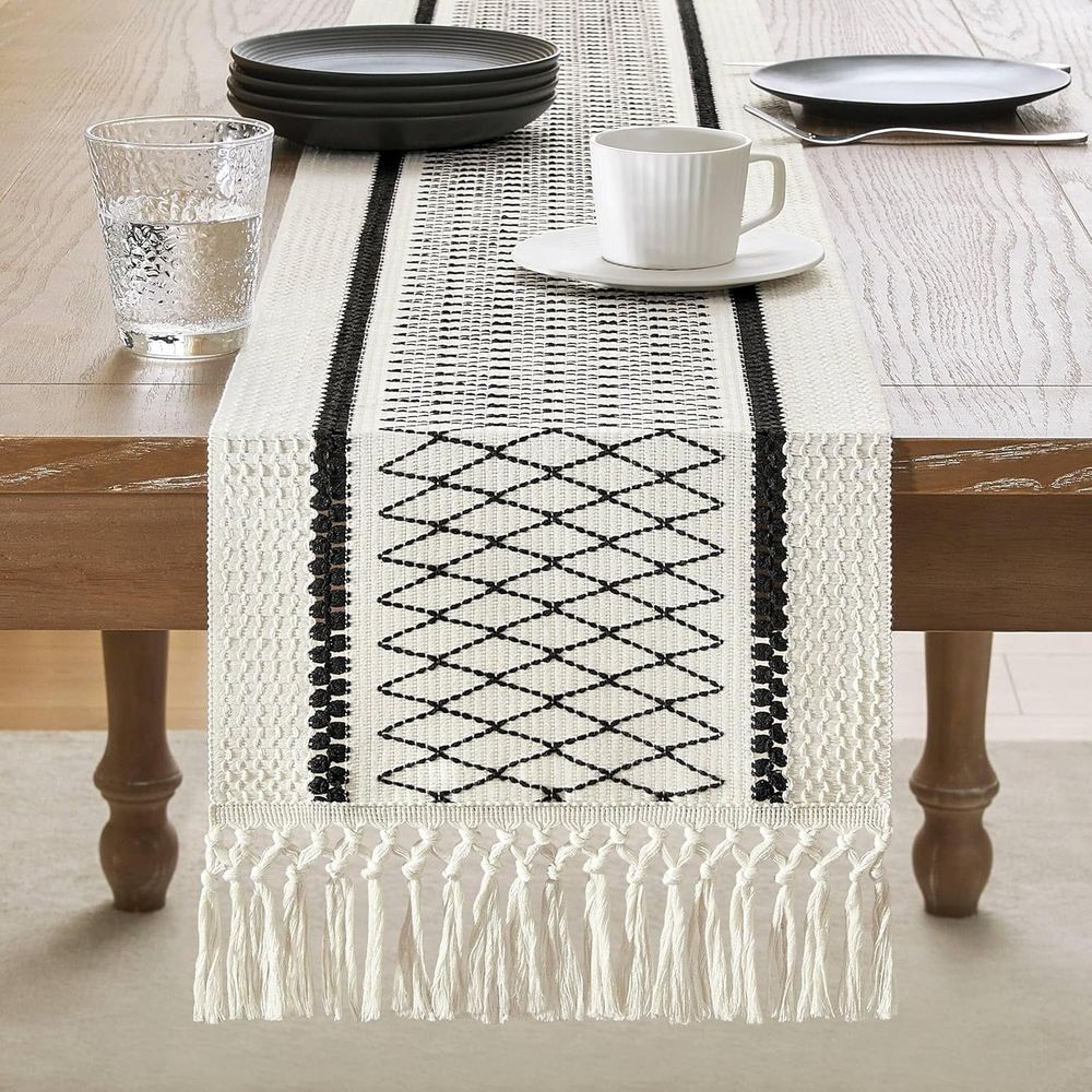 Farmhouse Woven Table Runner with Tassels Rustic Cotton Linen Table Runner 72 inches Long for Spring Table Decor Dining Table Home Decor Daily Use