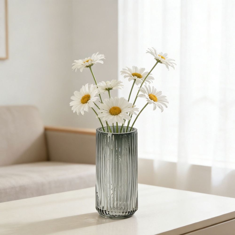 Modern Vertical Ribbed Glass Cylinder Vase – Stylish Home Decor Centerpiece for Living Room, Table, Desk or Entryway, Ideal for Fresh Flowers, Hydroponic Green Plants, Candles, Housewarming Gift, C