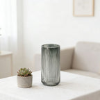 Modern Vertical Ribbed Glass Cylinder Vase – Stylish Home Decor Centerpiece for Living Room, Table, Desk or Entryway, Ideal for Fresh Flowers, Hydroponic Green Plants, Candles, Housewarming Gift, C
