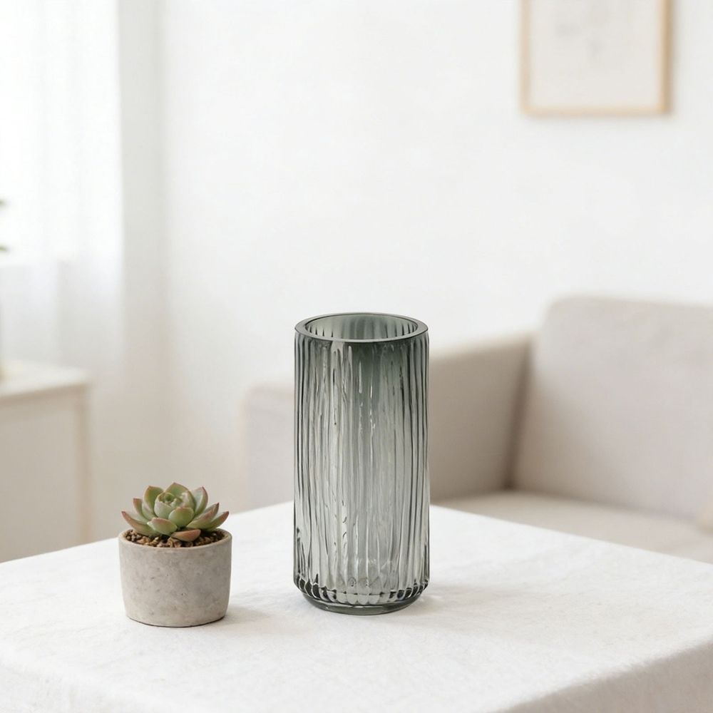 Modern Vertical Ribbed Glass Cylinder Vase – Stylish Home Decor Centerpiece for Living Room, Table, Desk or Entryway, Ideal for Fresh Flowers, Hydroponic Green Plants, Candles, Housewarming Gift, C