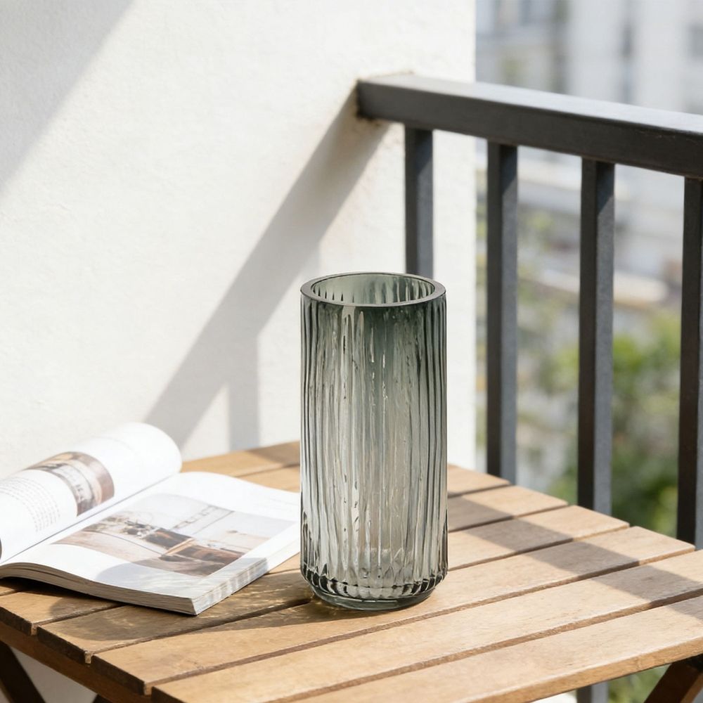 Modern Vertical Ribbed Glass Cylinder Vase – Stylish Home Decor Centerpiece for Living Room, Table, Desk or Entryway, Ideal for Fresh Flowers, Hydroponic Green Plants, Candles, Housewarming Gift, C