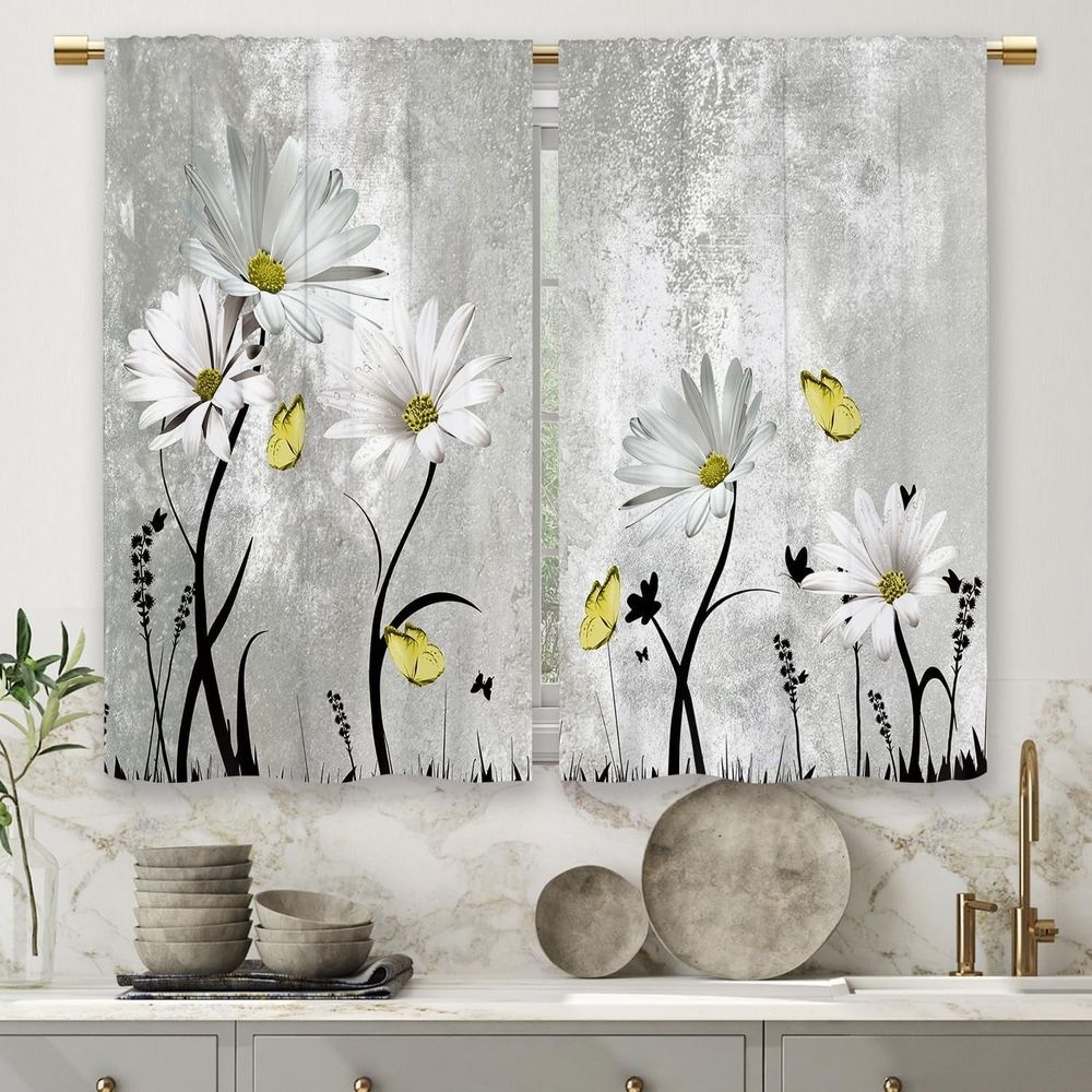 Blue Farmhouse Daisy Kitchen Curtains Wooden Flower Small Short Cafe Window Curtains Rustic Floral Butterfly Country Barn Plank Bathroom Drapes Treatment Tier Curtains 2 Panels (27.5x39 Inch)