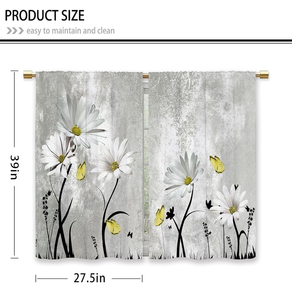 Blue Farmhouse Daisy Kitchen Curtains Wooden Flower Small Short Cafe Window Curtains Rustic Floral Butterfly Country Barn Plank Bathroom Drapes Treatment Tier Curtains 2 Panels (27.5x39 Inch)