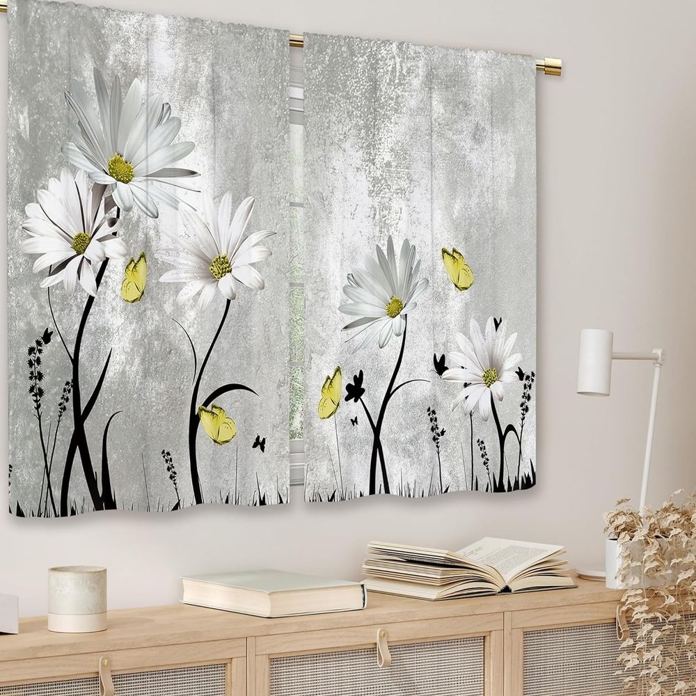 Blue Farmhouse Daisy Kitchen Curtains Wooden Flower Small Short Cafe Window Curtains Rustic Floral Butterfly Country Barn Plank Bathroom Drapes Treatment Tier Curtains 2 Panels (27.5x39 Inch)