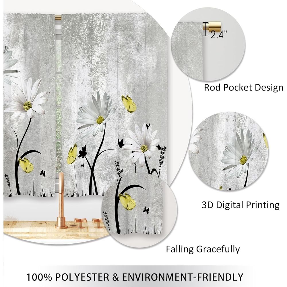 Blue Farmhouse Daisy Kitchen Curtains Wooden Flower Small Short Cafe Window Curtains Rustic Floral Butterfly Country Barn Plank Bathroom Drapes Treatment Tier Curtains 2 Panels (27.5x39 Inch)