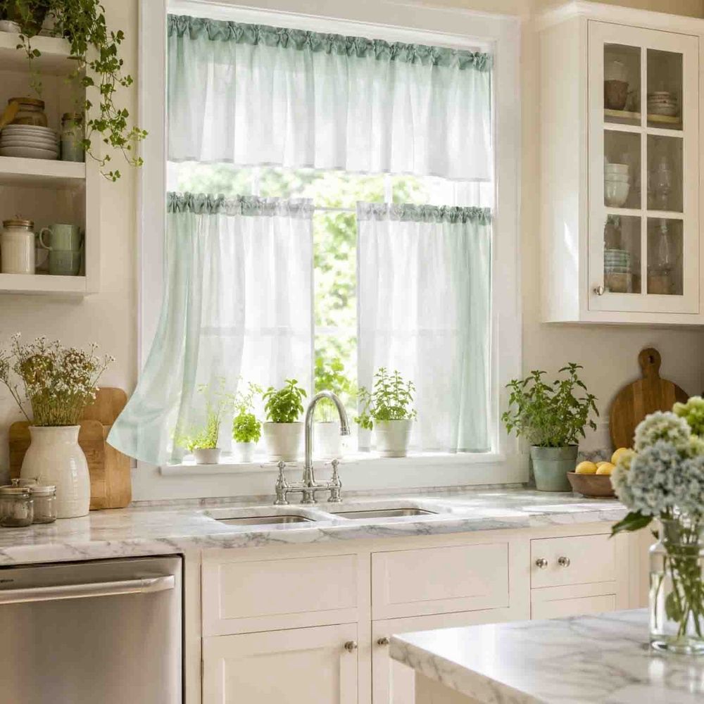 Gradient Sheer Curtain 3 Piece Set, Rod Pocket Light Filtering Tier Curtains with Valance, Soft Gradient Voile Window Drapes for Kitchen and Small Windows