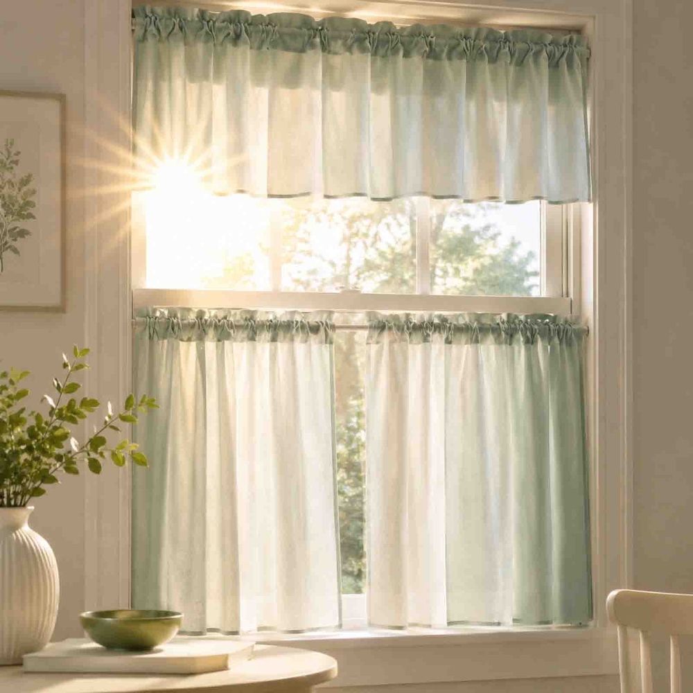 Gradient Sheer Curtain 3 Piece Set, Rod Pocket Light Filtering Tier Curtains with Valance, Soft Gradient Voile Window Drapes for Kitchen and Small Windows