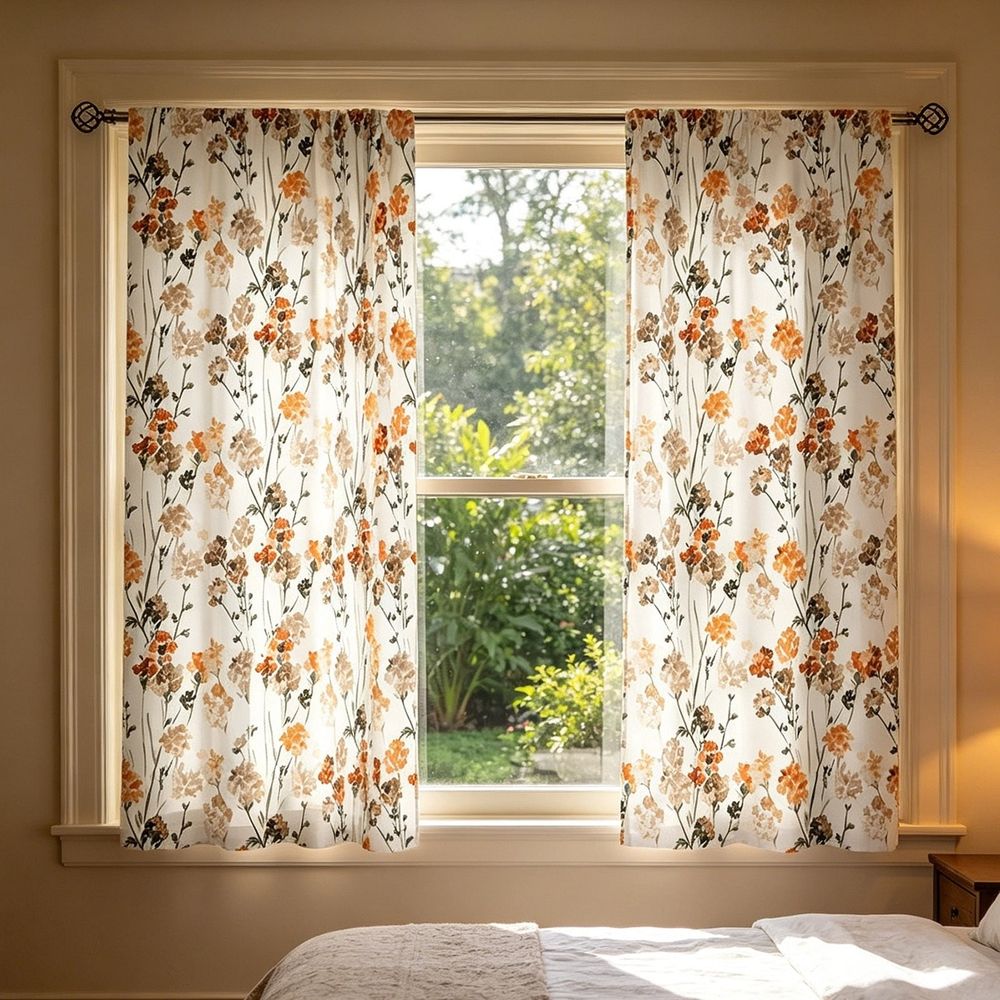 2 Pack Vintage Orange Floral Kitchen Curtains, Rod Pocket Light Filtering Short Window Drapes, Rustic Curtain Panels for Kitchen Bathroom Farmhouse Decor