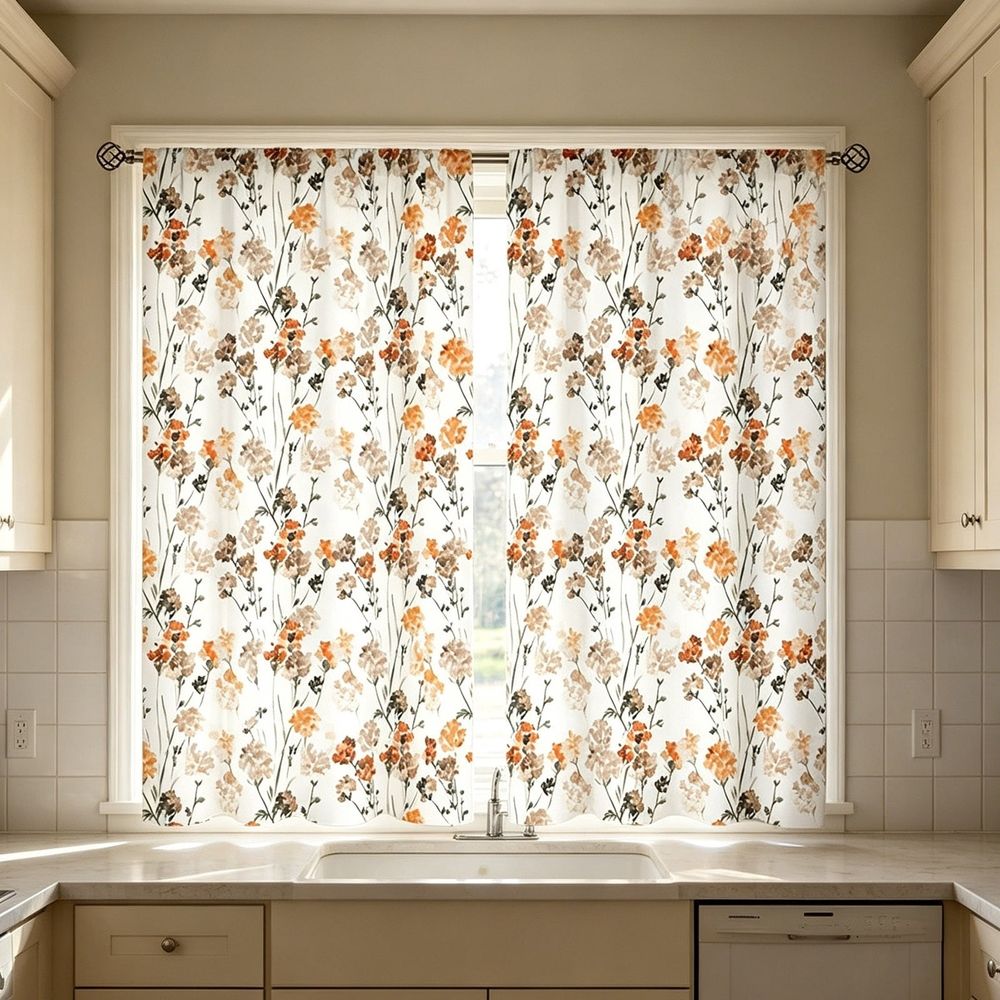 2 Pack Vintage Orange Floral Kitchen Curtains, Rod Pocket Light Filtering Short Window Drapes, Rustic Curtain Panels for Kitchen Bathroom Farmhouse Decor