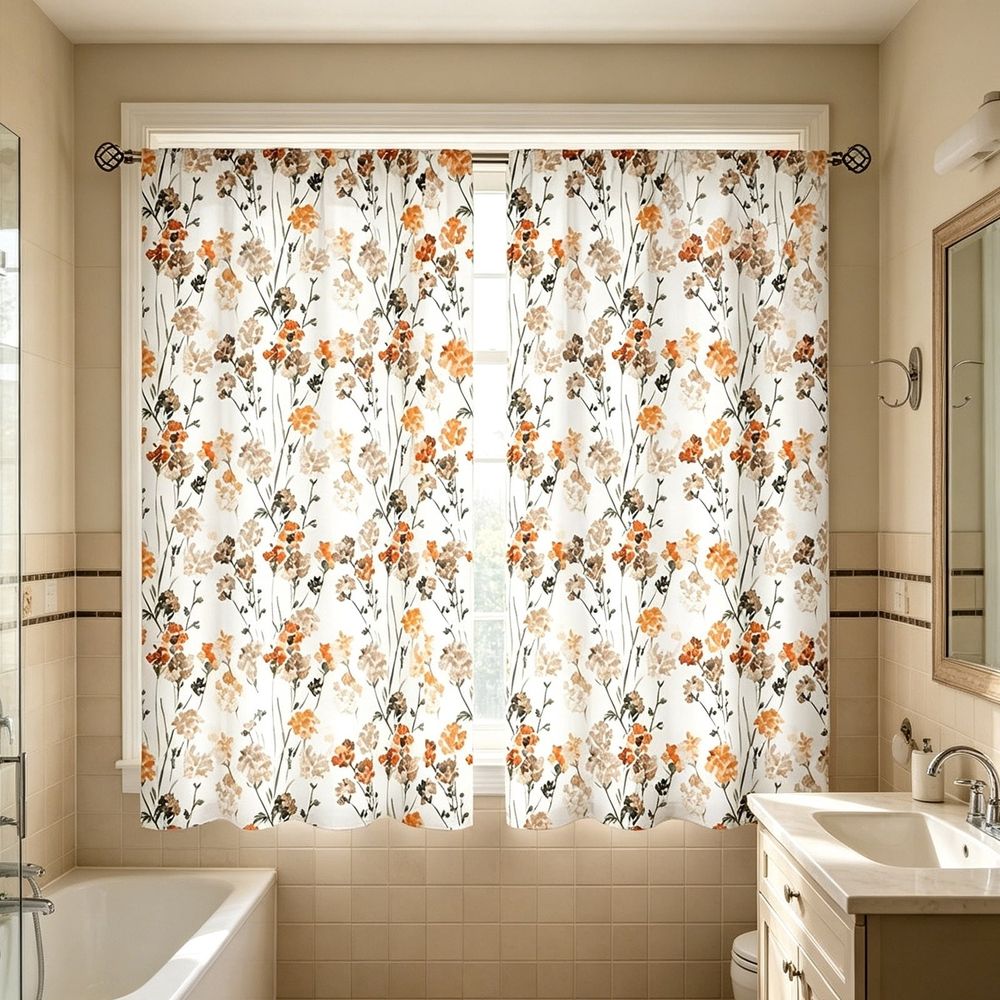 2 Pack Vintage Orange Floral Kitchen Curtains, Rod Pocket Light Filtering Short Window Drapes, Rustic Curtain Panels for Kitchen Bathroom Farmhouse Decor