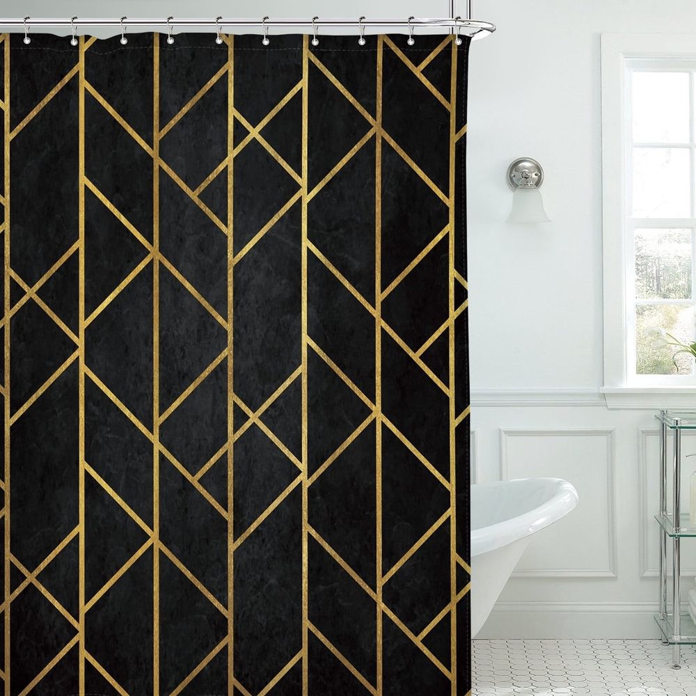 Black Gold Geometric Shower Curtain - Modern Abstract Polyester Fabric Waterproof Bathroom Decor, 12 Rust-Resistant Hooks, Anti-Mold Design 72x72 Inch