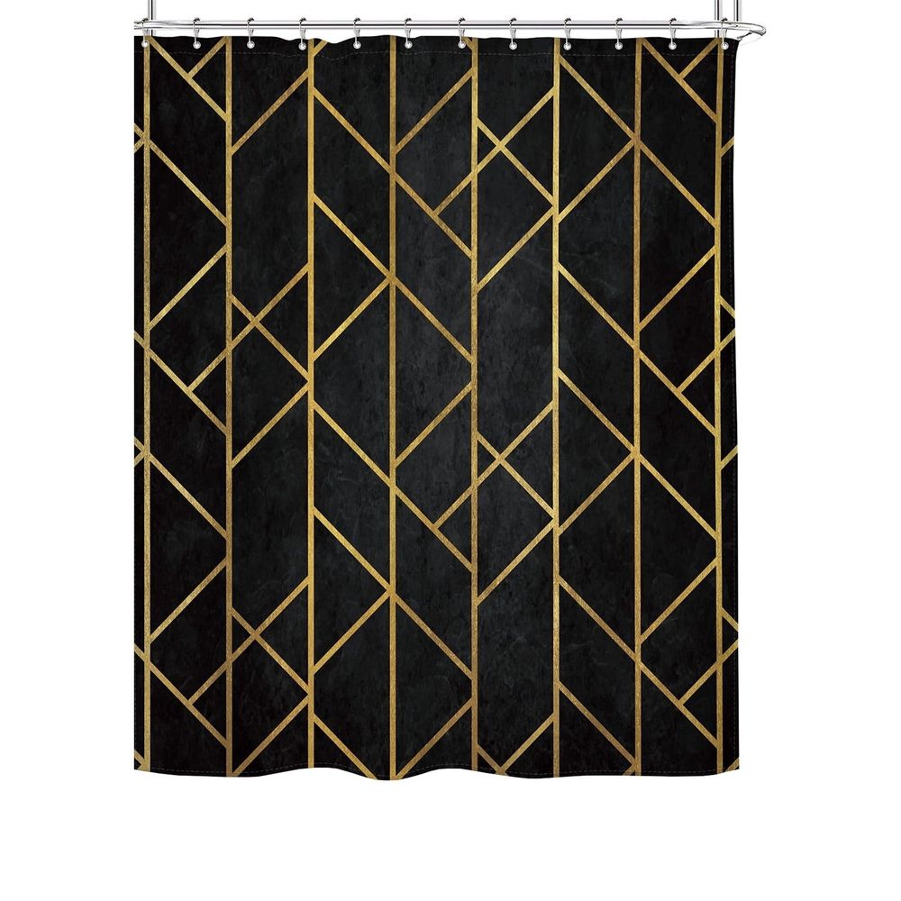 Black Gold Geometric Shower Curtain - Modern Abstract Polyester Fabric Waterproof Bathroom Decor, 12 Rust-Resistant Hooks, Anti-Mold Design 72x72 Inch