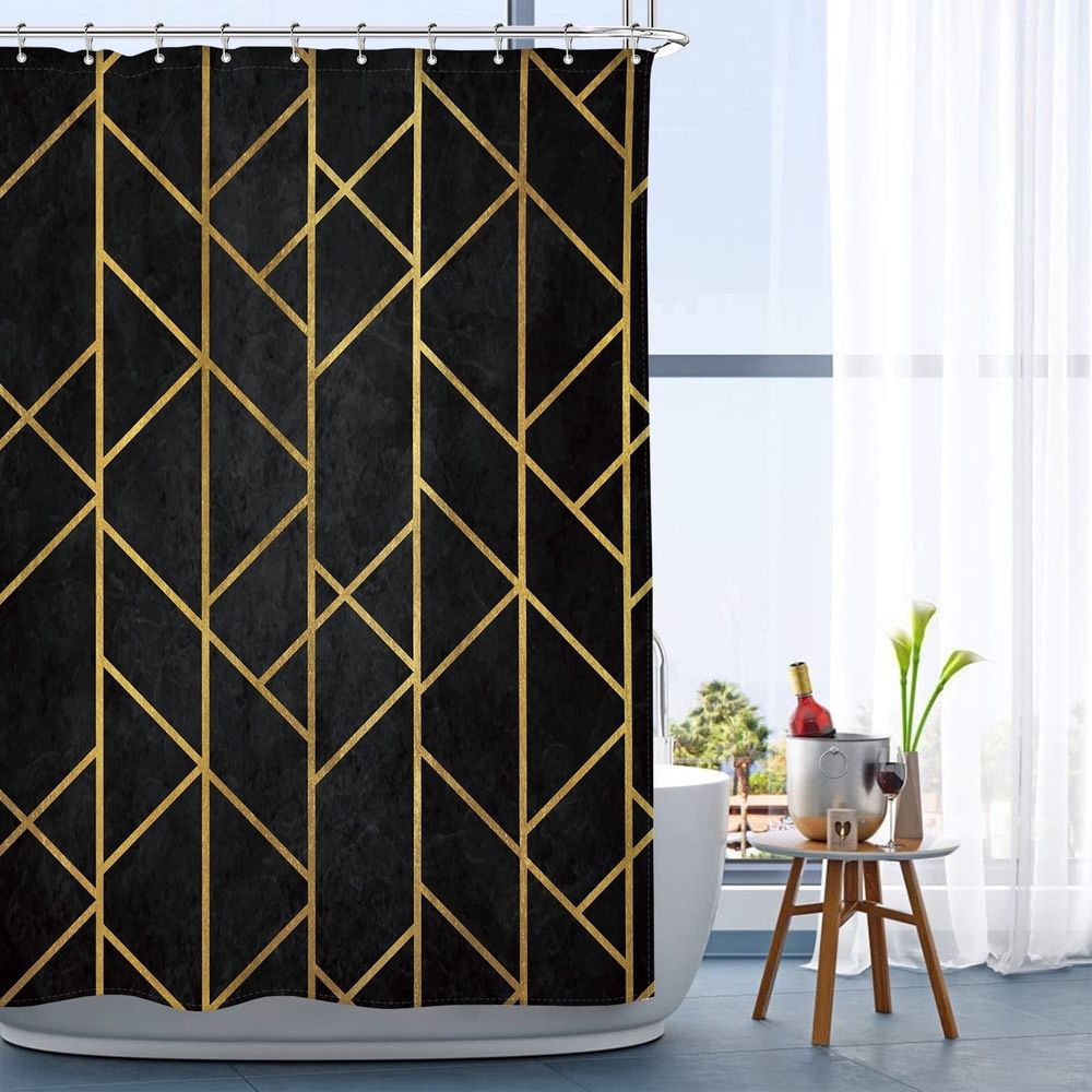 Black Gold Geometric Shower Curtain - Modern Abstract Polyester Fabric Waterproof Bathroom Decor, 12 Rust-Resistant Hooks, Anti-Mold Design 72x72 Inch