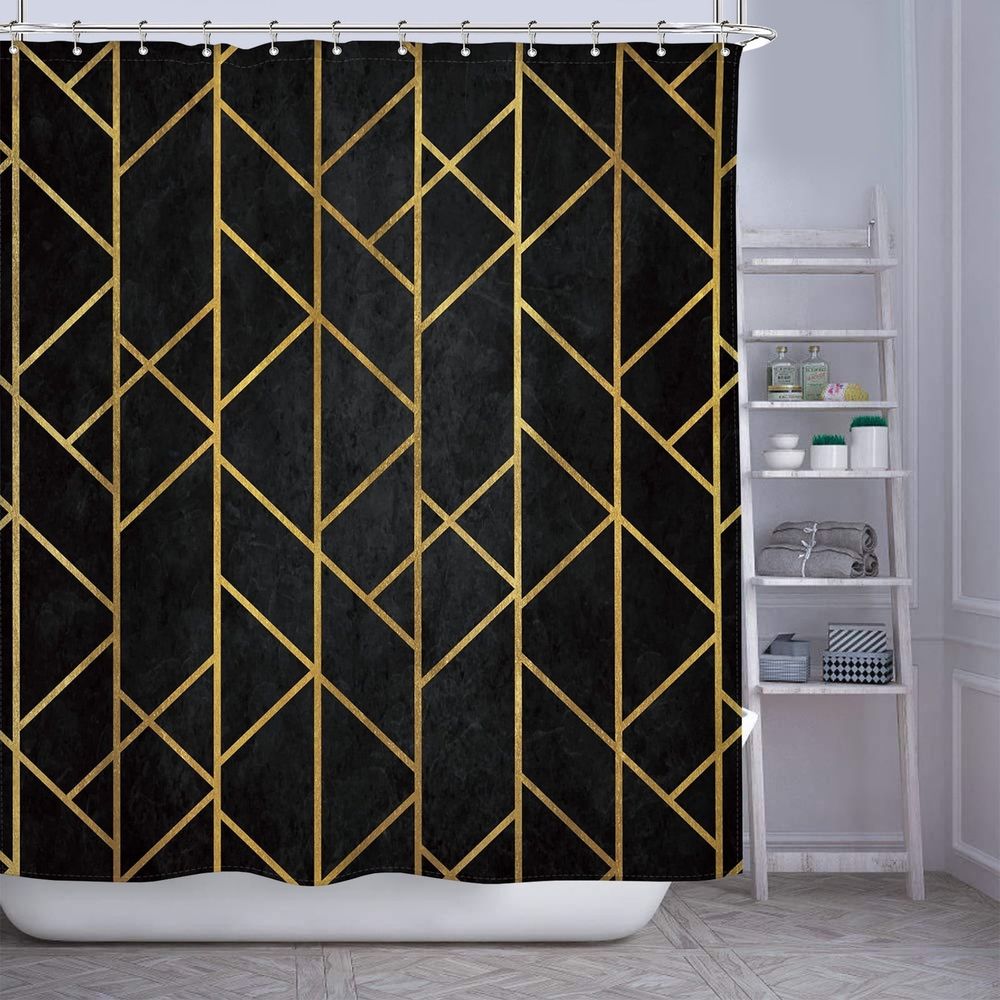 Black Gold Geometric Shower Curtain - Modern Abstract Polyester Fabric Waterproof Bathroom Decor, 12 Rust-Resistant Hooks, Anti-Mold Design 72x72 Inch