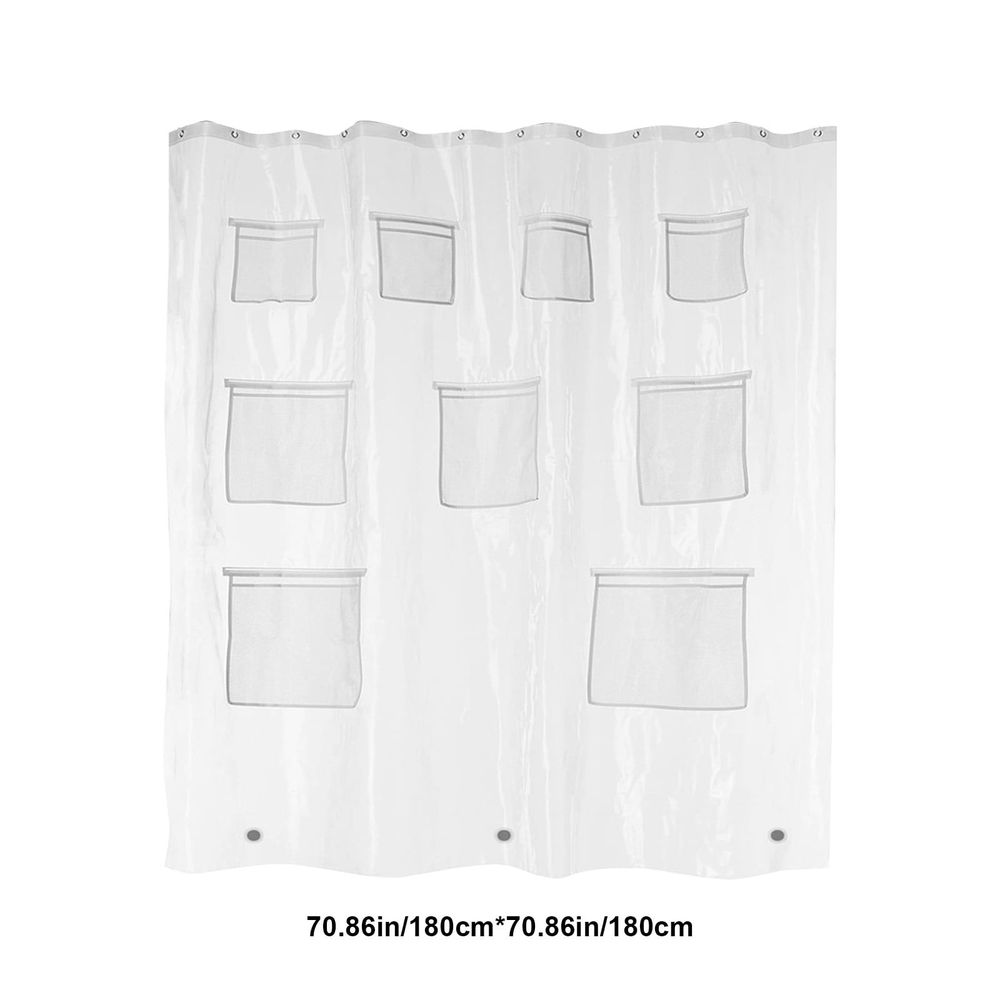 PEVA Shower Curtain Liner with 9 Storage Pockets & 3 Magnets - Waterproof Lightweight Bathroom Curtain, 72x72 Inch with Rustproof Hooks for Shower Stall, Mold Resistant & Easy to Clean
