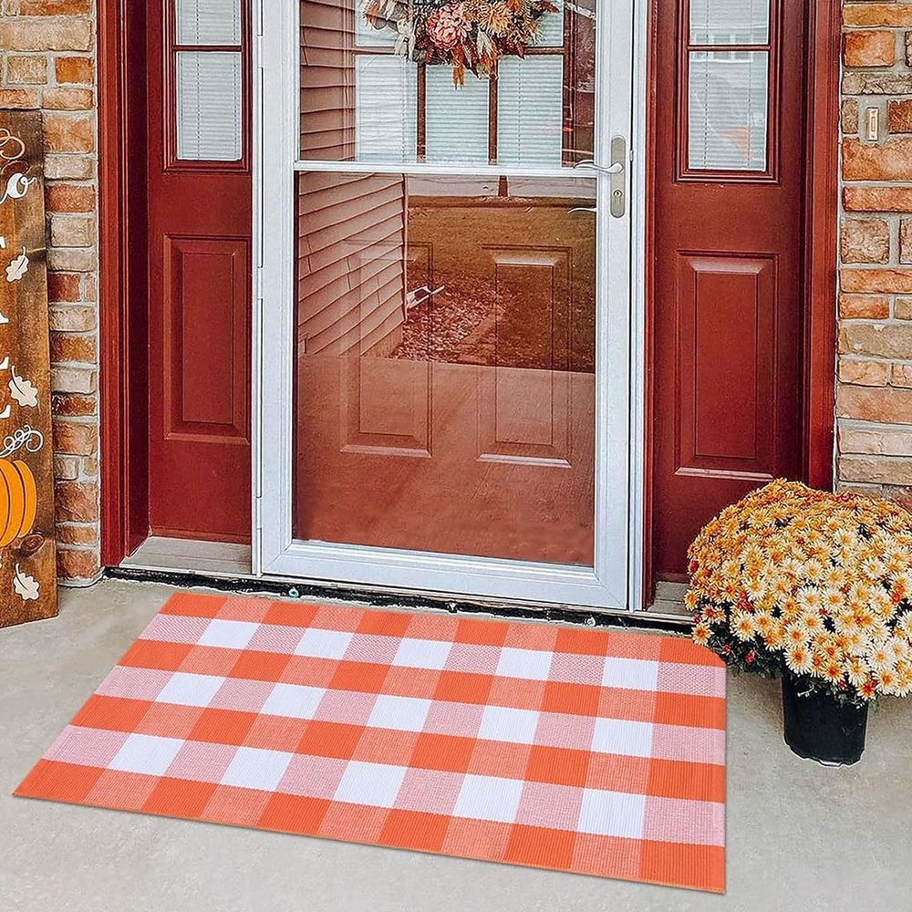 Plaid Rug 15.7x23.6 Inches Orange and White Checke Rug, Halloween Fall Door Mat Cotton Washable Area Rugs, Door Mat Outdoor Entrance for Front Porch Entryway Fall Farmhouse (Orange)