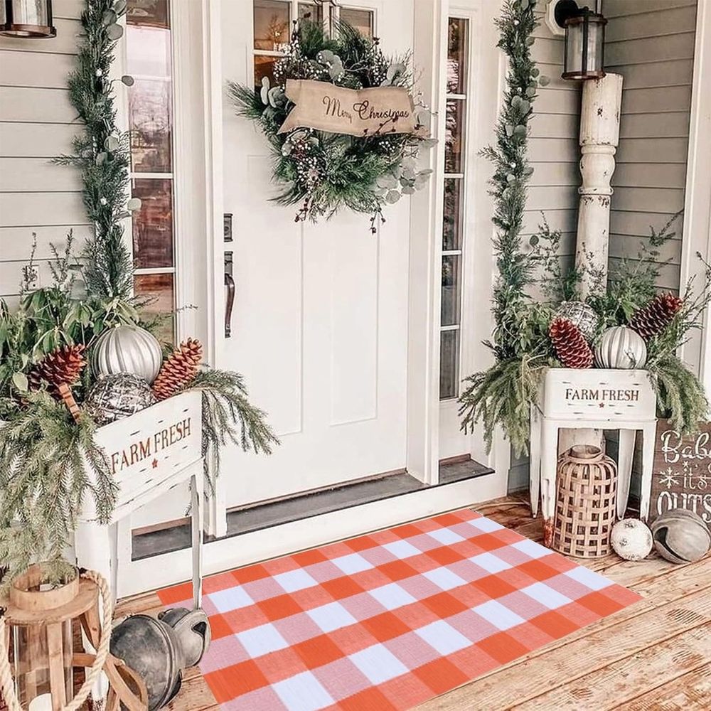 Plaid Rug 15.7x23.6 Inches Orange and White Checke Rug, Halloween Fall Door Mat Cotton Washable Area Rugs, Door Mat Outdoor Entrance for Front Porch Entryway Fall Farmhouse (Orange)