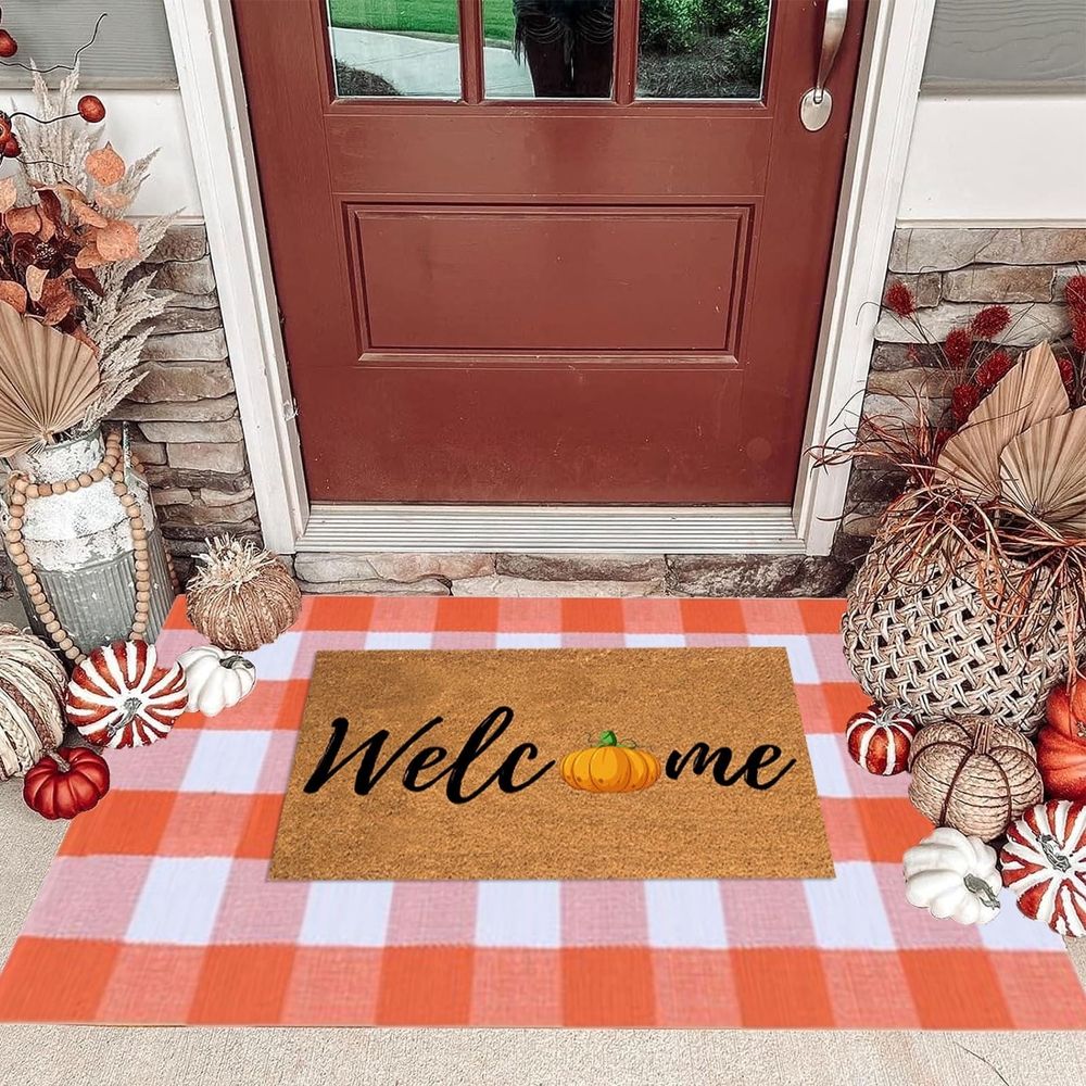 Plaid Rug 15.7x23.6 Inches Orange and White Checke Rug, Halloween Fall Door Mat Cotton Washable Area Rugs, Door Mat Outdoor Entrance for Front Porch Entryway Fall Farmhouse (Orange)