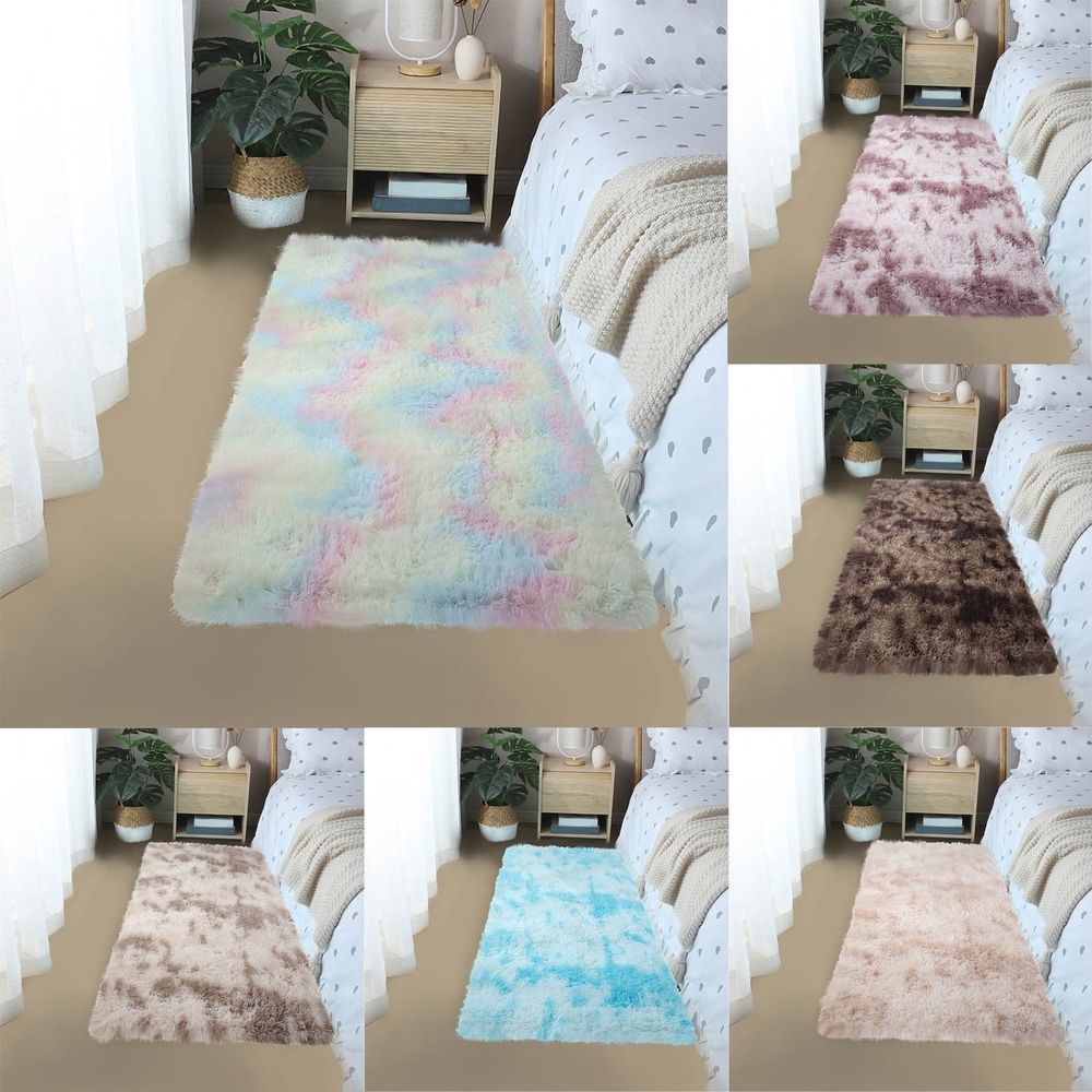 31x63 Inch Shag Area Rug for Bedroom Living Room, Tie-Dyed Light Grey Soft Fuzzy Plush Indoor Carpets for Bedroom, Non Skid Fluffy Faux Fur Rug for Room
