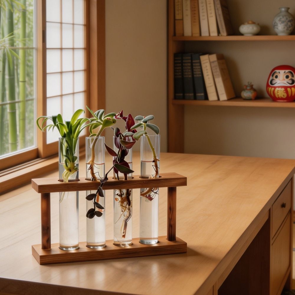 Minimalist Coffee Wood Stand with Glass Vase Holder for Hydroponic Plants