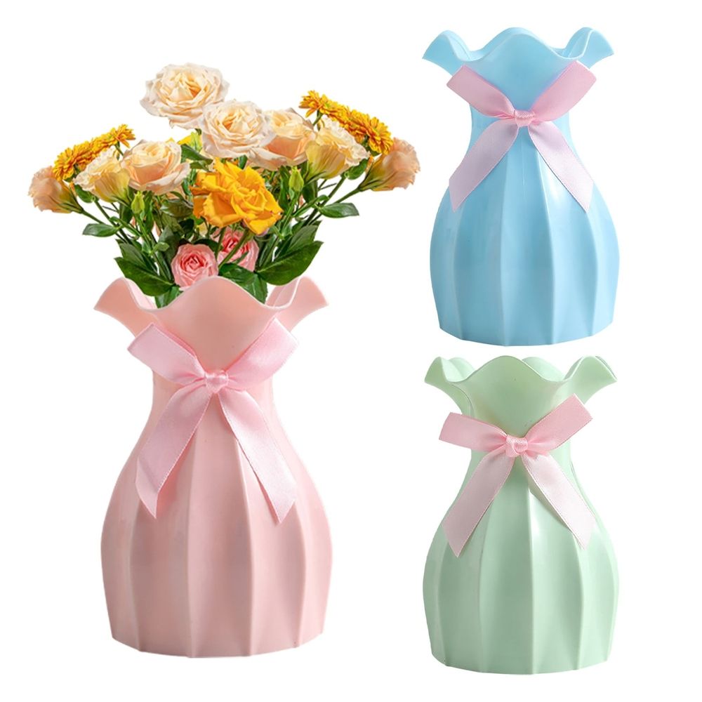 Versatile Vase Modern Flower For Dried Arrangements Shatterproof Scratch Plastic With Bow Decoration Elegant Home White Pink