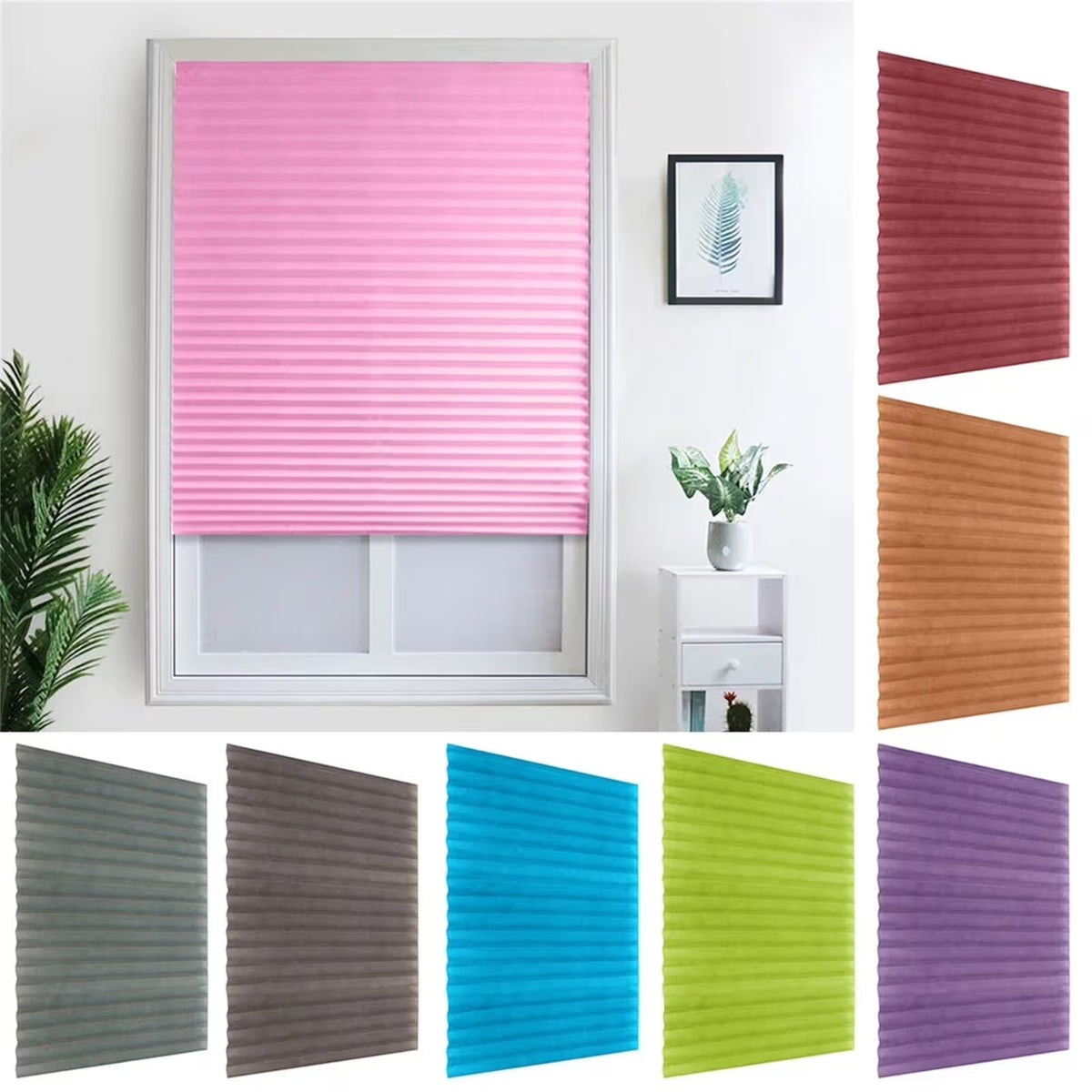 Blinder Pleated Blackout Self Adhesive Window Curtain Shades Easy Fit Blind for Living Room Bathroom Window （35 x 55 Inch）