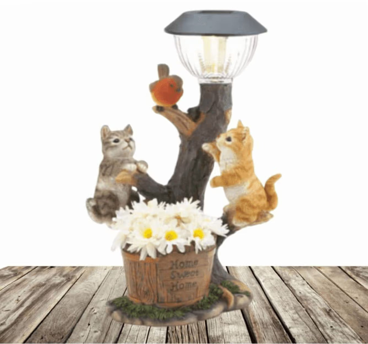 Solar Cat Outdoor Statues, 5.1inch Resin Cats Sculpture with Solar Patio Light & Artifical Flower for Yard Art Lawn Ornaments Porch Patio Balcony Decoration, 1pcs