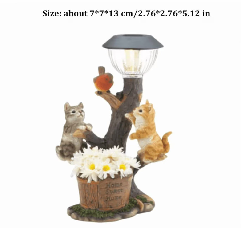 Solar Cat Outdoor Statues, 5.1inch Resin Cats Sculpture with Solar Patio Light & Artifical Flower for Yard Art Lawn Ornaments Porch Patio Balcony Decoration, 1pcs