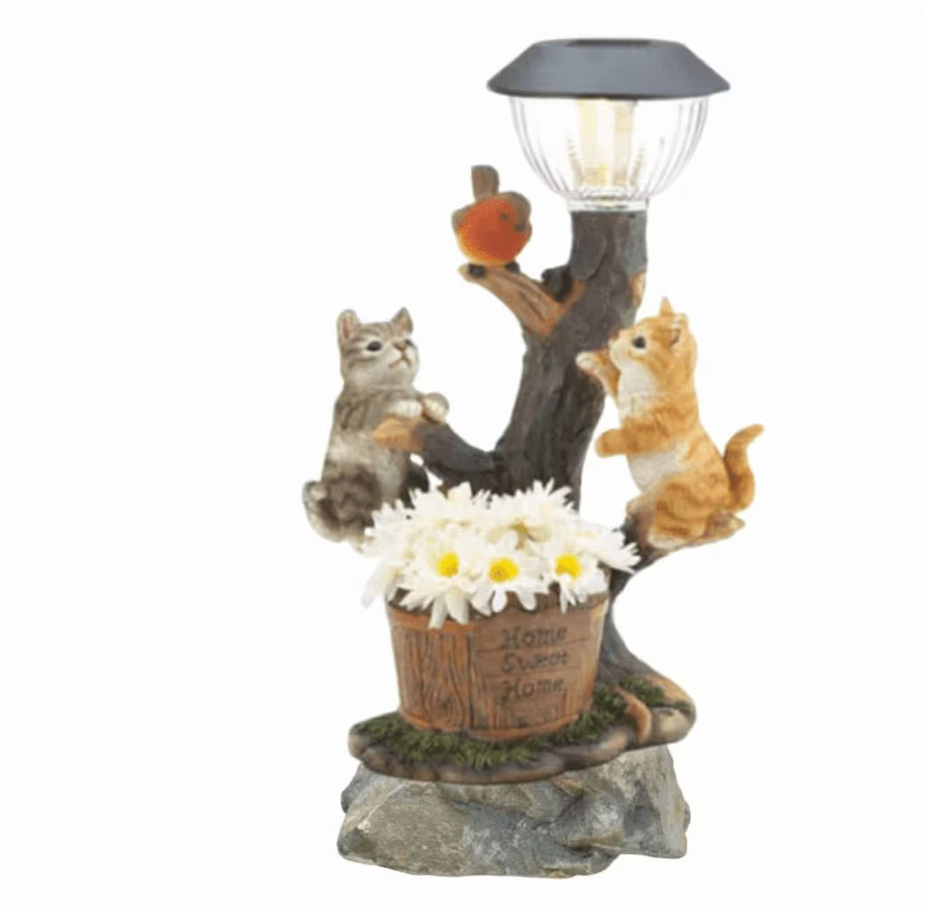 Solar Cat Outdoor Statues, 5.1inch Resin Cats Sculpture with Solar Patio Light & Artifical Flower for Yard Art Lawn Ornaments Porch Patio Balcony Decoration, 1pcs