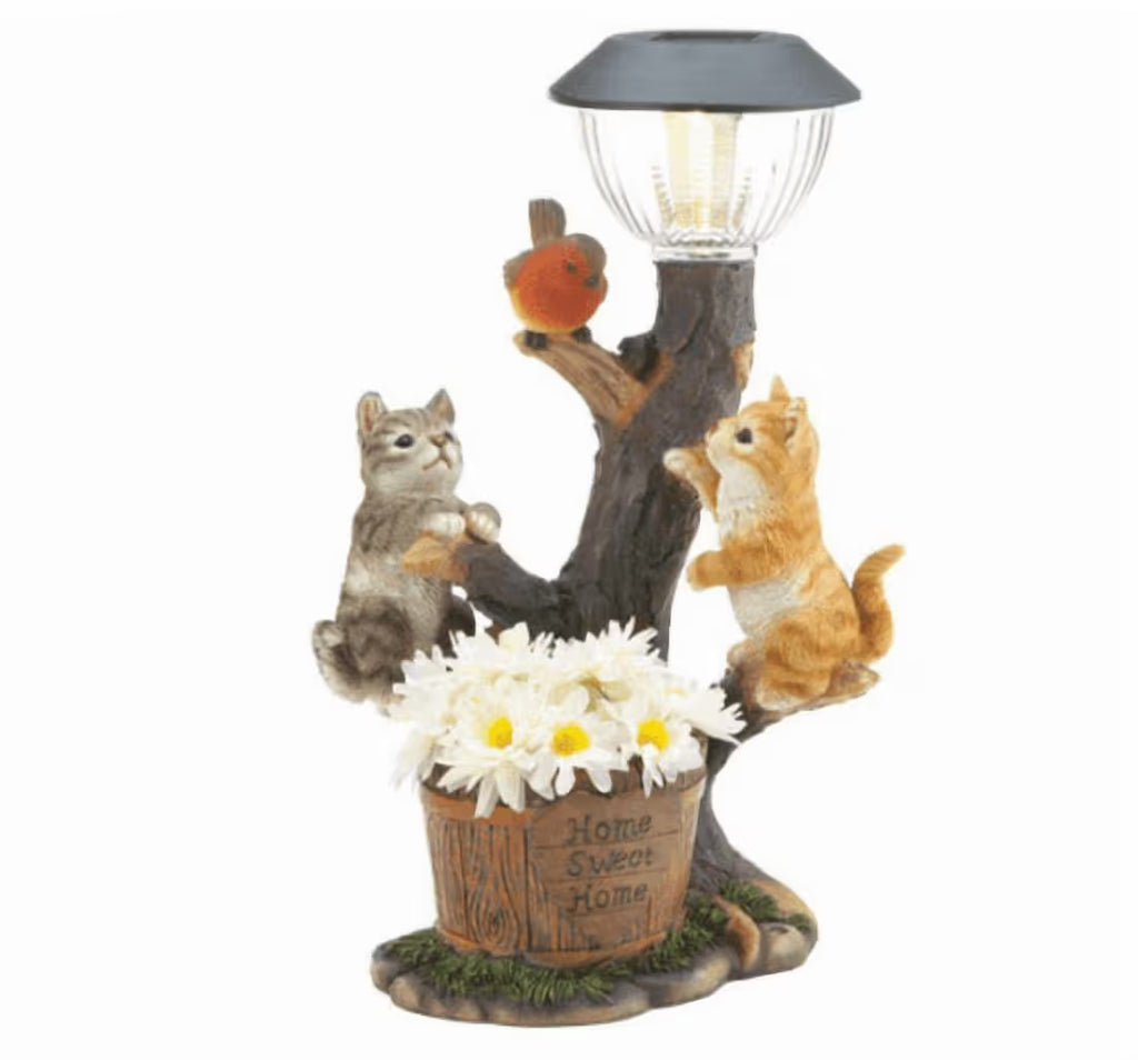 Solar Cat Outdoor Statues, 5.1inch Resin Cats Sculpture with Solar Patio Light & Artifical Flower for Yard Art Lawn Ornaments Porch Patio Balcony Decoration, 1pcs