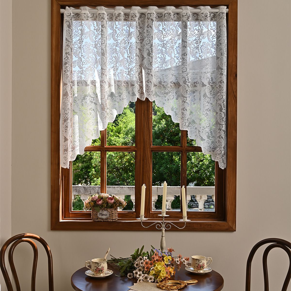White Lace Sheer Kitchen Valance Curtains for Windows, 160*100cm, Phoenix Tail Flower Pearl Half Curtain