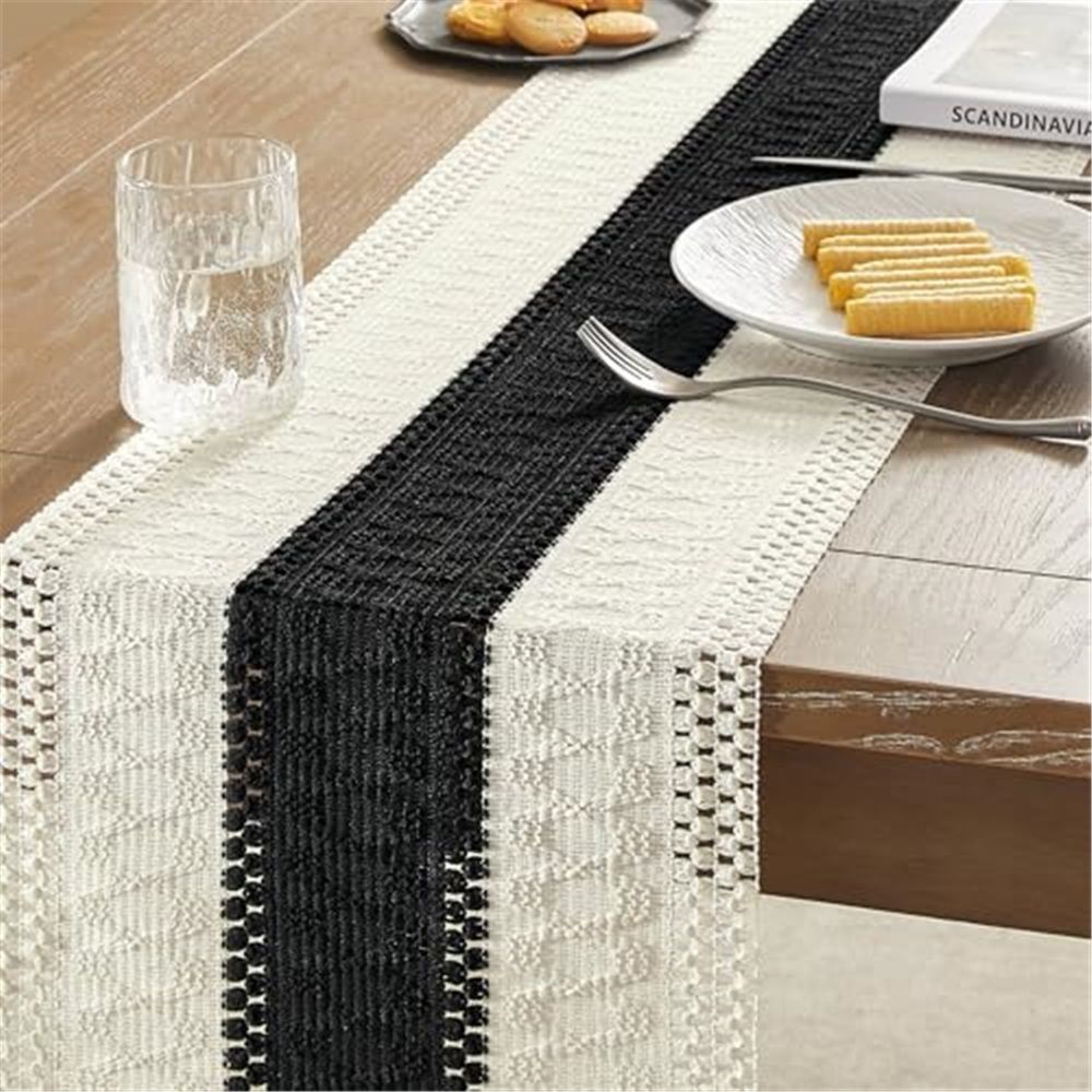 Style Bicolor Stitching Table Runner, 12 x 108 Inch Black/Ivory, Black Table Runners 108 Inches Long, Farmhouse Woven Home Decor