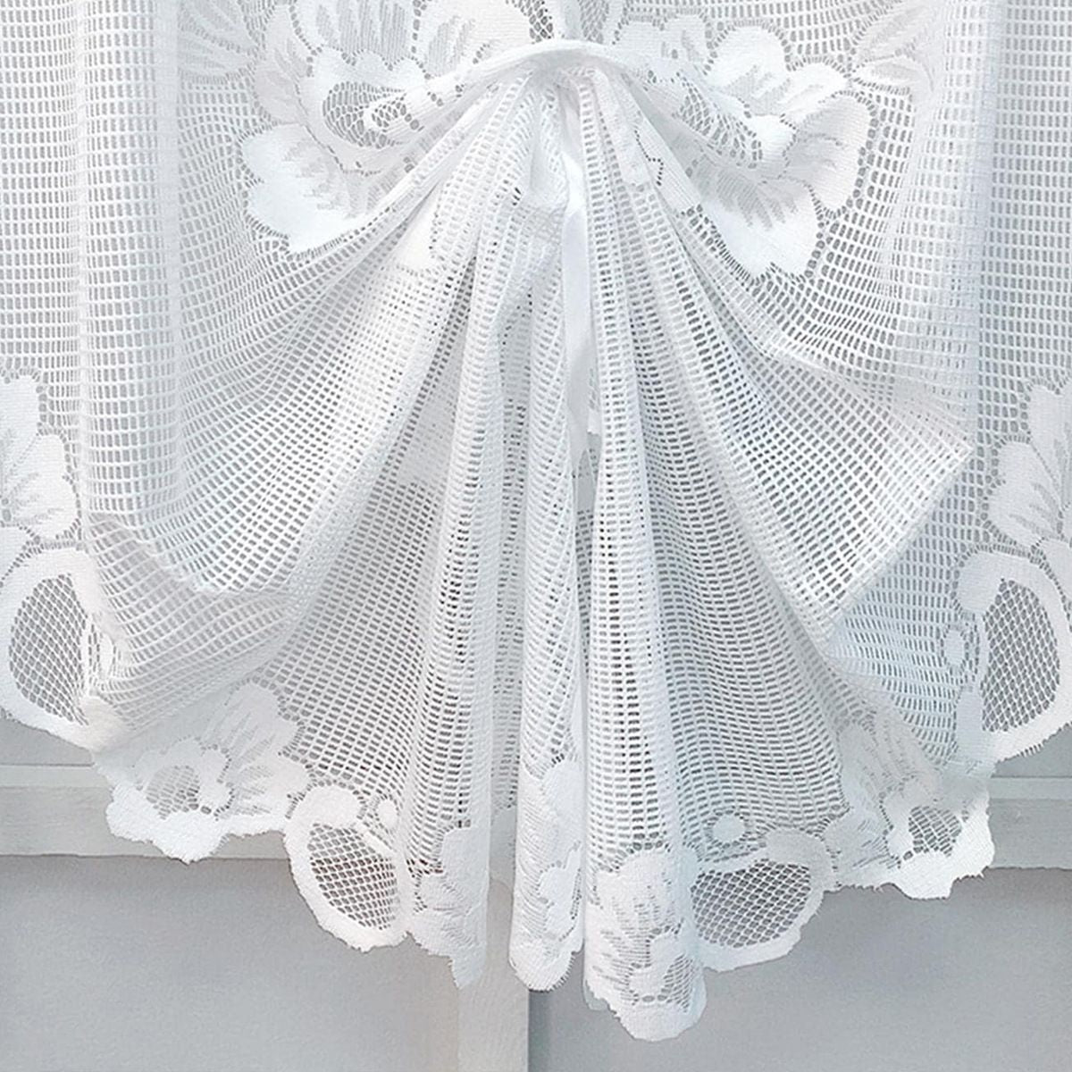 1 Panel White Floral Embroidery Sheer Lace Curtain Valance Princess Style Embroidered Waterfall Swag Curtain Valance Tier for Kitchen Bathroom Half Window Decoration, Rod Pocket Top
